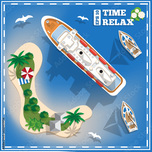 Cruise liner near the tropical island. View from above. Vector illustration. 