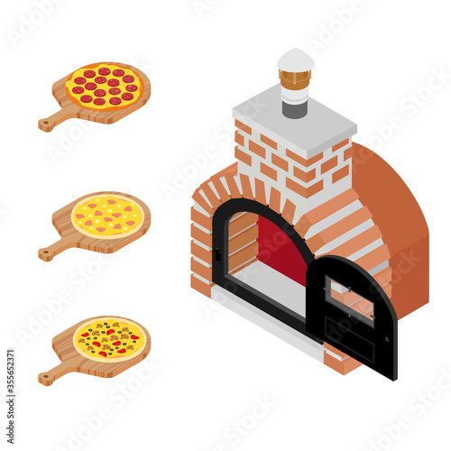 Italian different pizzas cooked in oven. Salami, mushroom and hawaiian pizza for restaurants, pizzerias