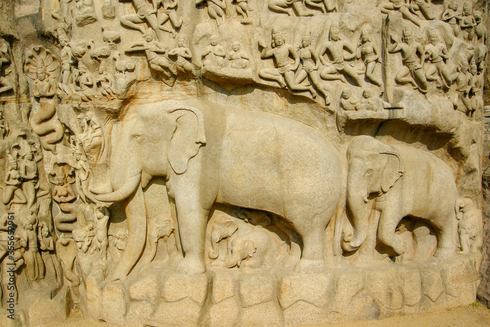 Mamallapuram, India. Detail of the elephants in the Stone Sculptures of Mahabalipuram: Arjuna's penance.