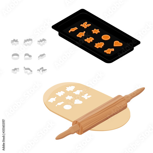 Preparing dough, baking cookies. Metal cookie cutters, rolling pin, baking tray and dough.