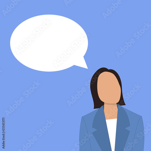 Woman in blue suit with speech bubble. Flat icon for presentation, call center, website. Modern illustration about communication. Vector design.