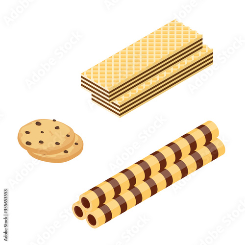 Chocolate or Cocoa cookie, waffle and crispy wafer sticks isometric view isolated on white background