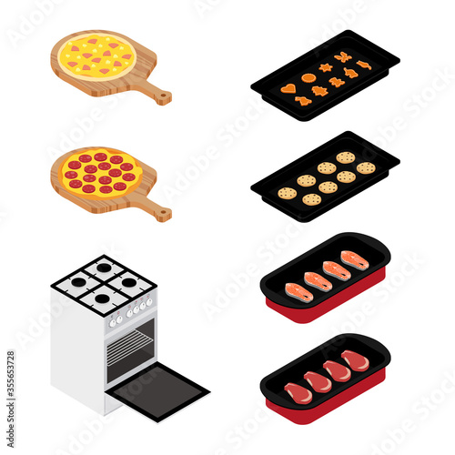 Set of various plates, forms of food and kitchen stove