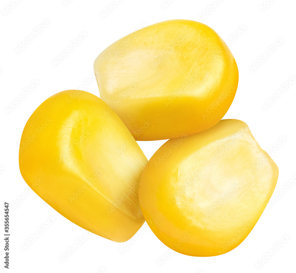 Close-up of delicious corn seeds, isolated on white background Close-up of delicious corn seeds, isolated on white background