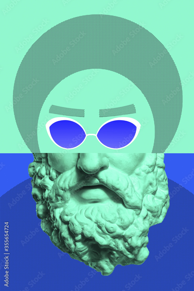Collage with plaster antique sculpture of human face in a pop art style. Creative concept colorful neon image with ancient statue head. Zine culture. Cyberpunk, webpunk and surreal style poster. Collage with plaster antique sculpture of human face in a pop art style. Creative concept colorful neon image with ancient statue head. Zine culture. Cyberpunk, webpunk and surreal style poster.