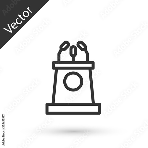 Grey line Stage stand or debate podium rostrum icon isolated on white background. Conference speech tribune. Vector Illustration.