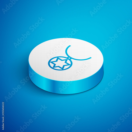 Isometric line Star of David necklace on chain icon isolated on blue background. Jewish religion. Symbol of Israel. Jewellery and accessory. White circle button. Vector Illustration.