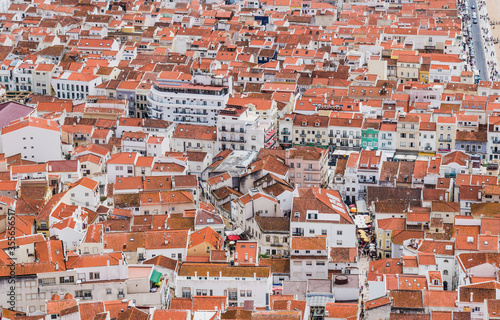 Panoramic view of Nazare village, Portugal. Drone view of city.