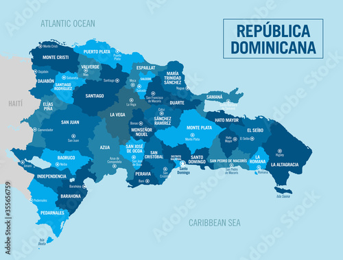 Dominican Republic, Republica Dominicana political map. Detailed vector illustration with isolated provinces, regions and cities, easy to ungroup. Central America, Caribbean.