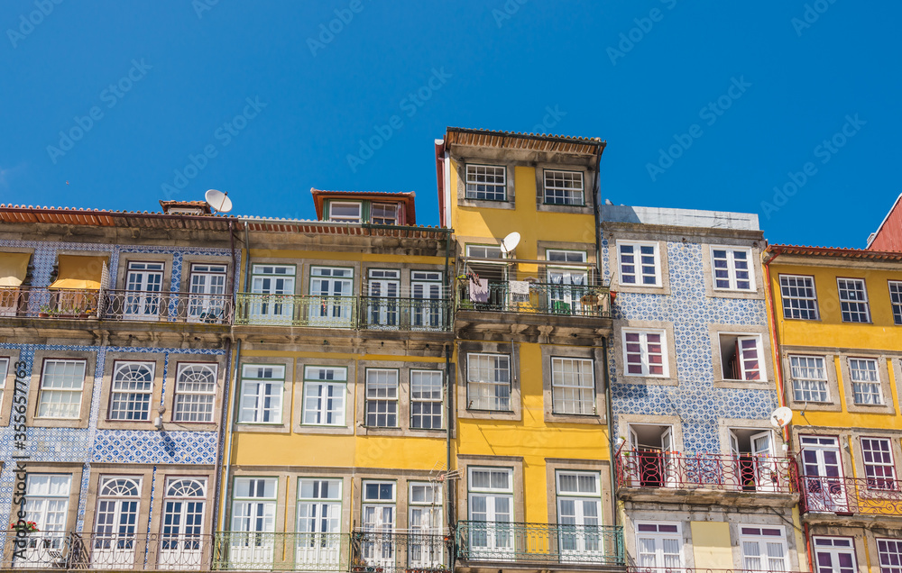 Oporto, Portugal. Houses of Ribeira Square located in the historical center of Porto along the river Duoro.