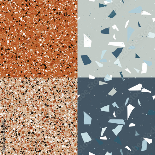 Orange and blue, grey terrazzo set seamless pattern in modern style on grey background. Flooring venetian wall.
