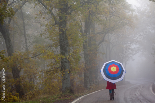 Obraz na płótnie Mystical autumn foggy oak forest with empty road and a Girl with a red coat and an archery shooting target umbrella walking on it