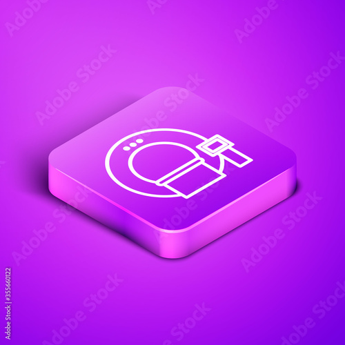 Isometric line Tomography icon isolated on purple background. Medical scanner, radiation. Diagnosis, radiology, magnetic resonance therapy. Purple square button. Vector Illustration.