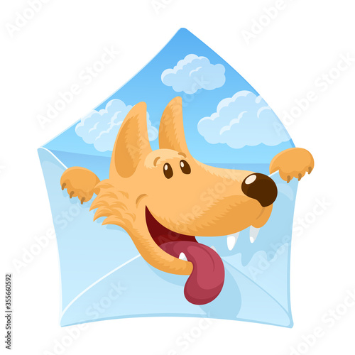 Envelope with a cheerful dog inside. Cute cartoon character. Sky with clouds background. Strong friendship concept. Veterinary concept