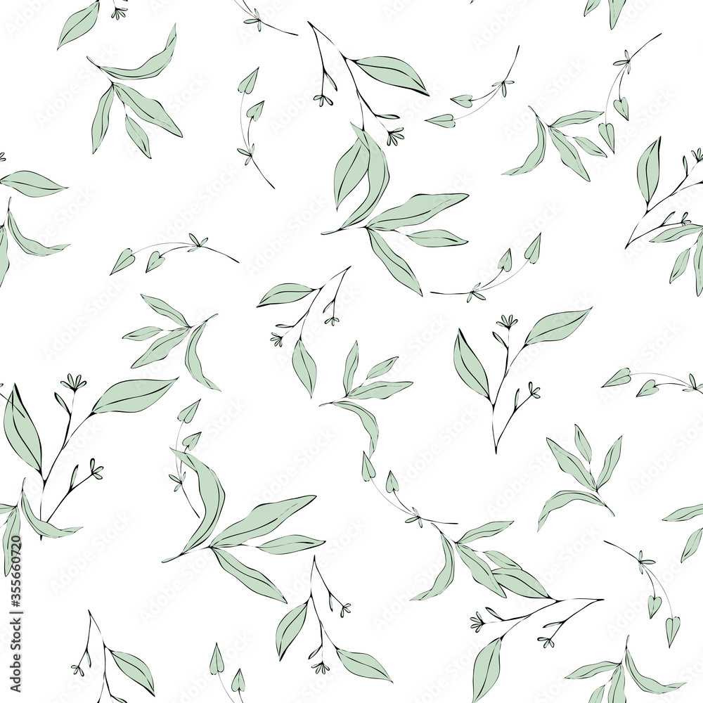 Summer flowers and foliage, seamless pattern in hand drawn style. Vector tropical leave wallpaper