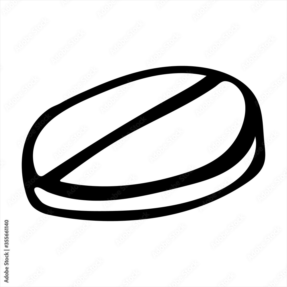 Round pill, isolated simple hand drawn vector illustration in black and white Round pill, isolated simple hand drawn vector illustration in black and white