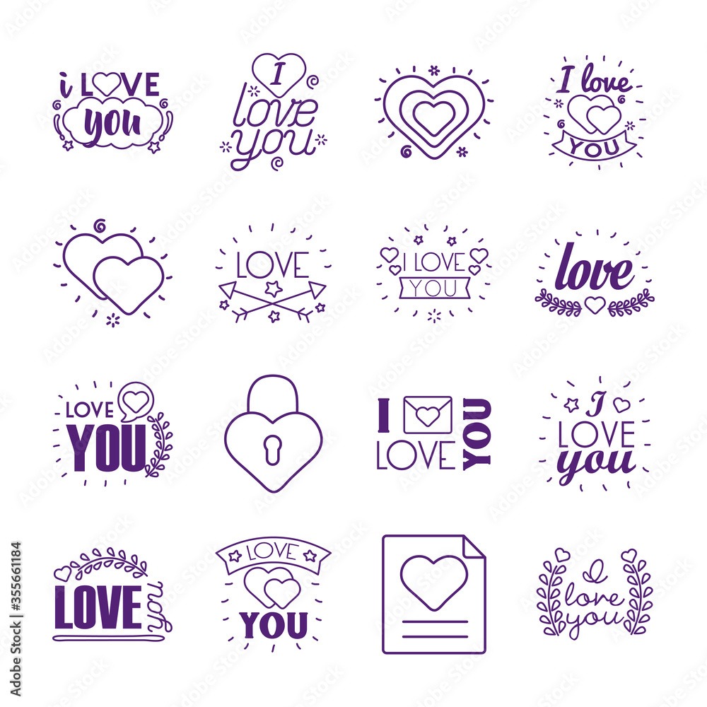 I love you texts line style icon set vector design I love you texts line style icon set vector design