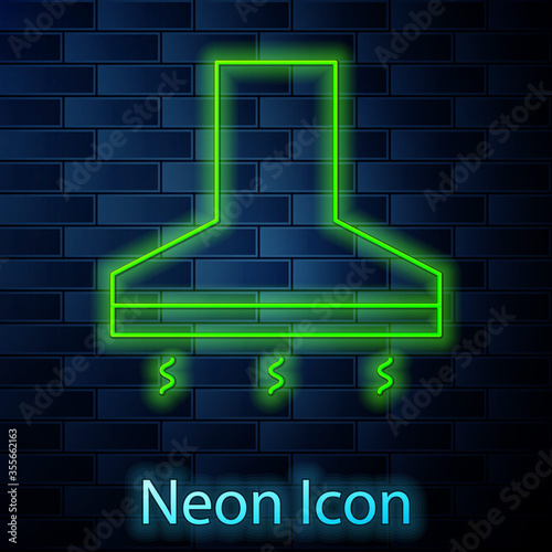 Glowing neon line Kitchen extractor fan icon isolated on brick wall background. Cooker hood. Kitchen exhaust. Household appliance. Vector Illustration.