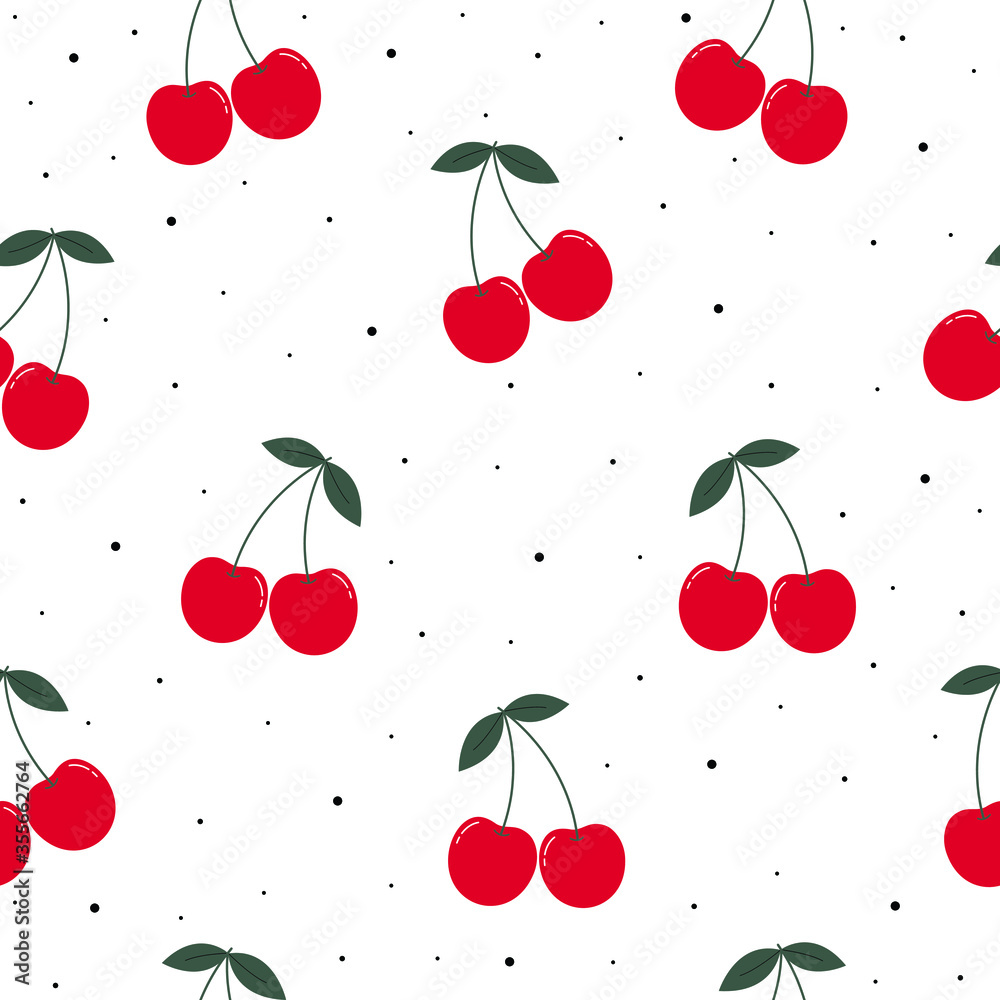 Red ripe cherry background Seamless pattern The pattern is randomly scattered and has small black spots. The design used for textile, fabric, publication, gift wrapping, vector illustration Red ripe cherry background Seamless pattern The pattern is randomly scattered and has small black spots. The design used for textile, fabric, publication, gift wrapping, vector illustration