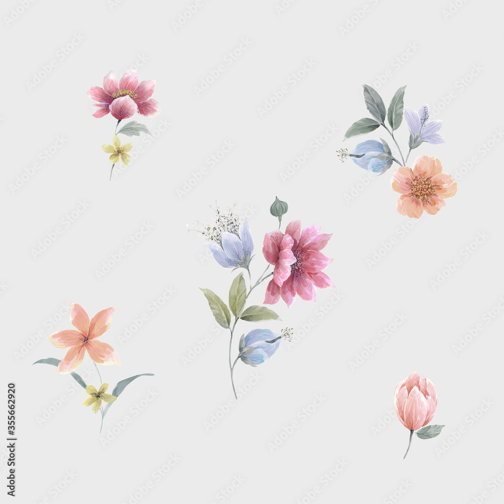 Flowers watercolor illustration.Manual composition.Big Set watercolor elements，Design for textile, wallpapers，Element for design,Greeting card