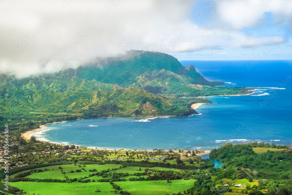 Aerial view of Hanalei Bay with low clouds in Kauaii, Hawaii