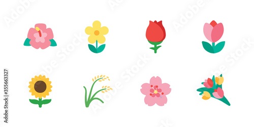 Flower icons vector set. Tulip, Poppy, Rose, Sunflower, Hibiscus, Flower Bouquet Illustration Collection