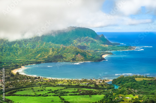 Fototapeta Naklejka Na Ścianę i Meble -  Aerial view of Hanalei Bay with low clouds in Kauaii, Hawaii