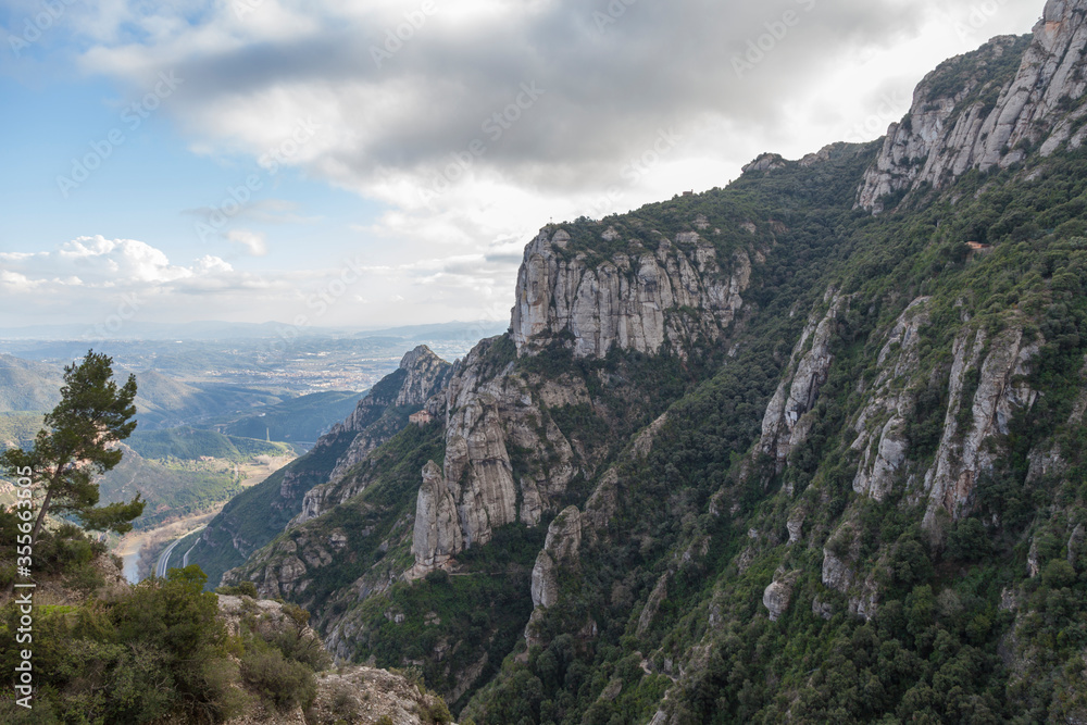 Overview of the mountains of Montserrat in Barcelona. Hiking in the sandstone mountains of Montserrat near Barcelona.