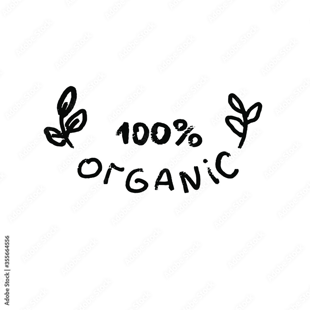 100%  organic, natural product green label. Hand drawn illustration on white background. For cards, posters, stickers and professional design posters.