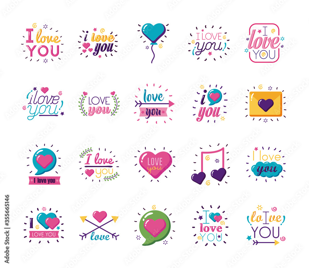 I love you texts flat style icon set vector design I love you texts flat style icon set vector design