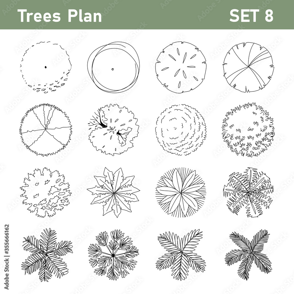 Tree top, tree plan - free hand drawn doodle top view trees for landscape  plan. Can change the stroke line
