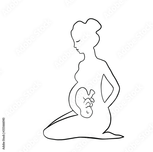 Pregnancy. Doodle illustration Pregnancy diet. Proper fetal position. Future mom. Baby in the stomach. Painting pregnancy illustration on white background.