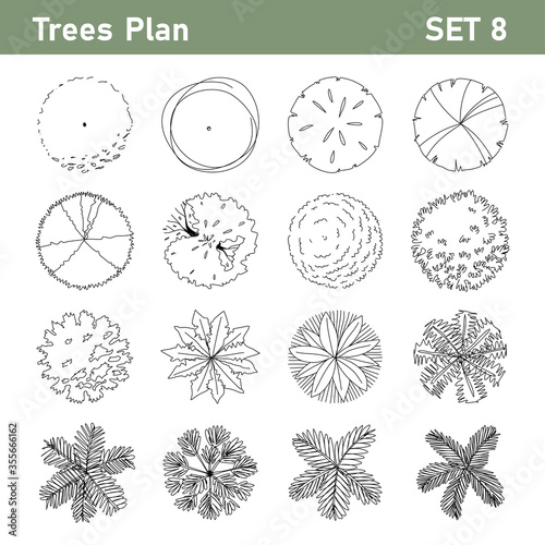 Tree top, tree plan - free hand drawn doodle top view trees for landscape  plan. Can change the stroke line