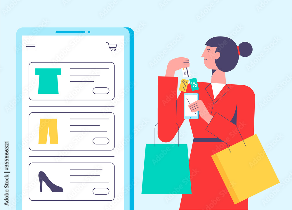 Flat vector illustration concept of woman shopping online holding bag. Website interaction, purchase process. Creative landing page design template. Flat vector illustration concept of woman shopping online holding bag. Website interaction, purchase process. Creative landing page design template.