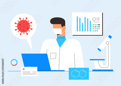 Chemical laboratory research. Vaccine discovery concept. Scientist, microscope and computer working on antiviral treatment development. Vector illustration in flat cartoon style