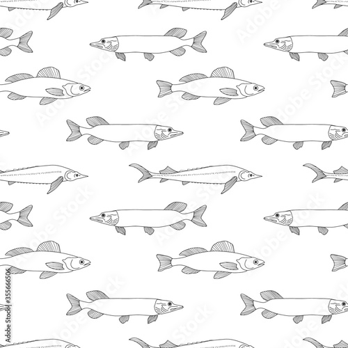 Doodle fish seamless pattern. Seafood background. Hand drawing art line. Coloring page book. Vector stock illustration. EPS 10