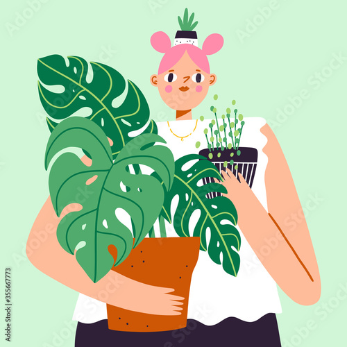 Lovely girl with a lot of house plants, plant lady, cartoon vector illustration