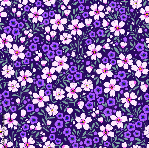 Vintage floral background. Seamless vector pattern for design and fashion prints. Flowers pattern with small white and purple flowers on a violet background. Ditsy style. 