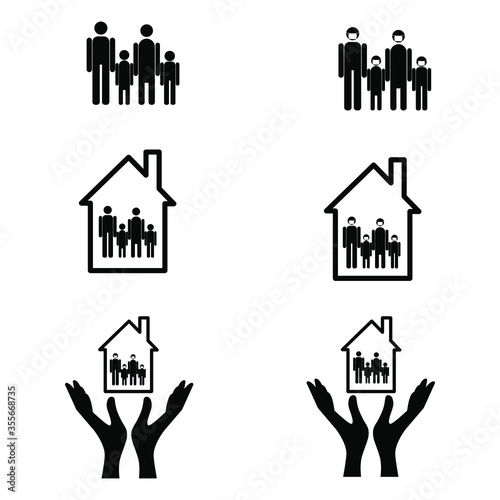 Icon set family of masks, people in the house, hands cherish. Vector flat design. Concept: self-isolation, family, people, spouses, children, medical mask, prevention, stay at home.