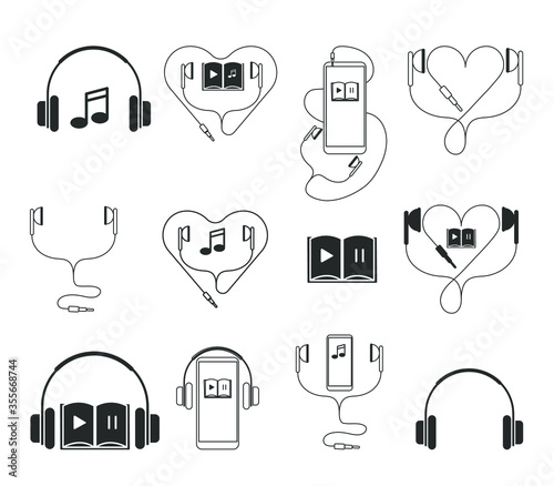 Set of vector icons on the theme of music, audio, book, listen, headphones, melody. Concept: pastime, training, entertainment, reading, audiobook, foreign language, audio, music fan, smartphone.