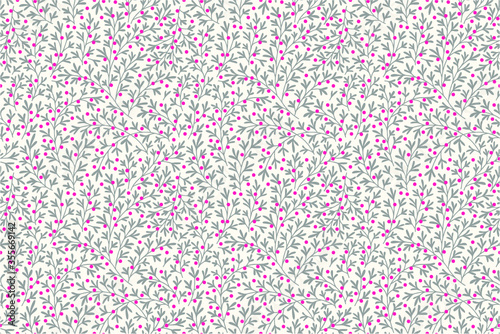 Trendy seamless vector floral pattern. Endless print made of small pink flowers, leaves and berries. Summer and spring motifs. White background.Vector illustration.