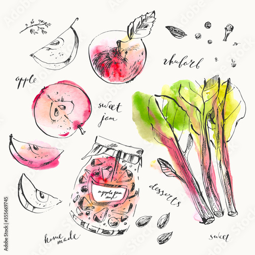 Hand drawn apple and rhibarb jam jar and spices.