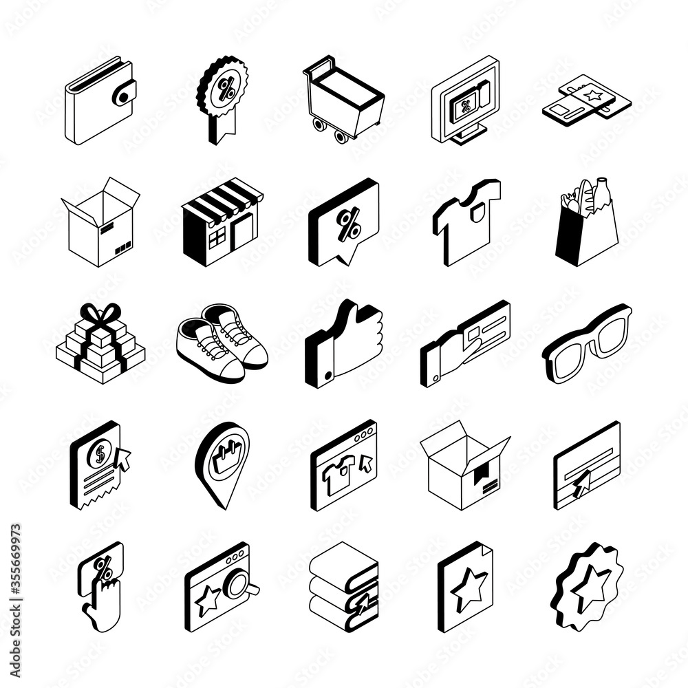 Shopping online isometric style icon set vector design Shopping online isometric style icon set vector design