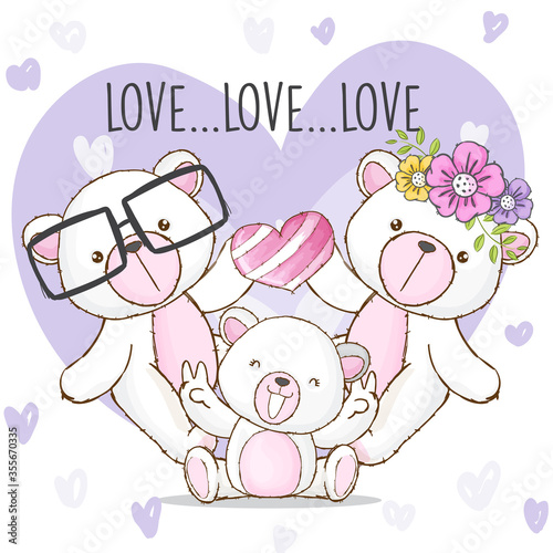 Cute white bear family cartoon illustration for kids. Little white bear with eyeglasses, love, and flower. Cute white bear with purple love background cartoon vector