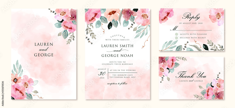 wedding invitation set with abstract and pink flower watercolor background