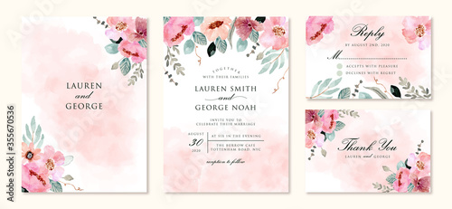 wedding invitation set with abstract and pink flower watercolor background photo