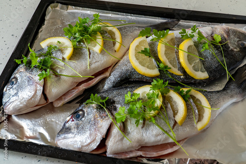 Obraz na płótnie Fresh dorada fish with lemon and parsley on a baking sheet. Fresh seafood w salonie