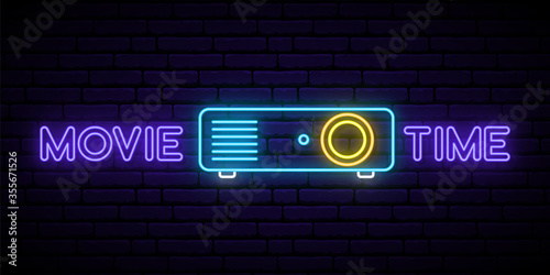 Neon cinema projector sign. Bright glowing projector icon and text Movie time. Vector illustration.