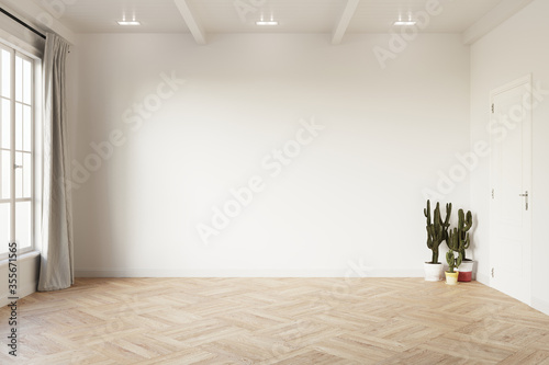 Fototapeta Naklejka Na Ścianę i Meble -  Empty room mock up with white wall, light grey curtain and green cactus on wooden floor. 3d illustration.