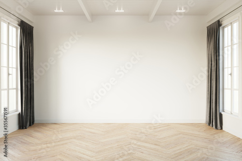 Empty room mock up with white windows, dark grey curtain and wooden floor. 3d illustration.
